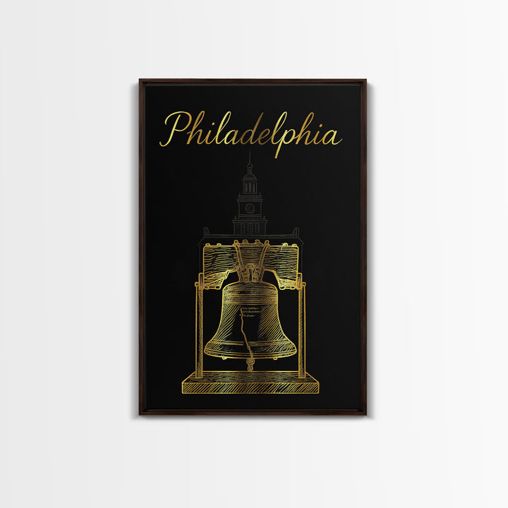 Philadelphia Travel Poster, Framed Canvas Print, Minimalist Gold Line Art, Philadelphia Travel Art, Living Room Wall Art, Home Office Decor