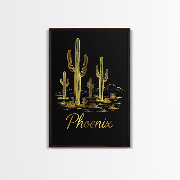 Phoenix Travel Poster, Framed Canvas Print, Gold Outline Poster Art, Phoenix Wall Art, Modern Wall Decor, City Illustration, Home Decor