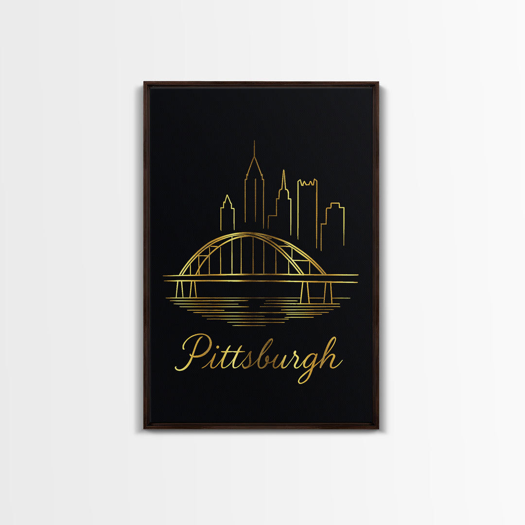 Pittsburgh Travel Poster, Canvas Print, Gold Outline Poster Art, Pittsburgh City Art, Vintage Travel Print, Living Room Wall Art