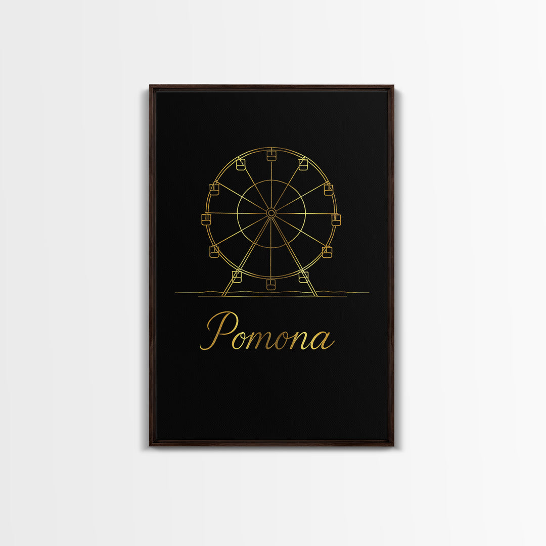 Pomona California Travel Poster, Framed Canvas Print, Black Gold Minimalist Art, Pomona Travel Art, Modern Wall Decor, Mid Century Wall Art