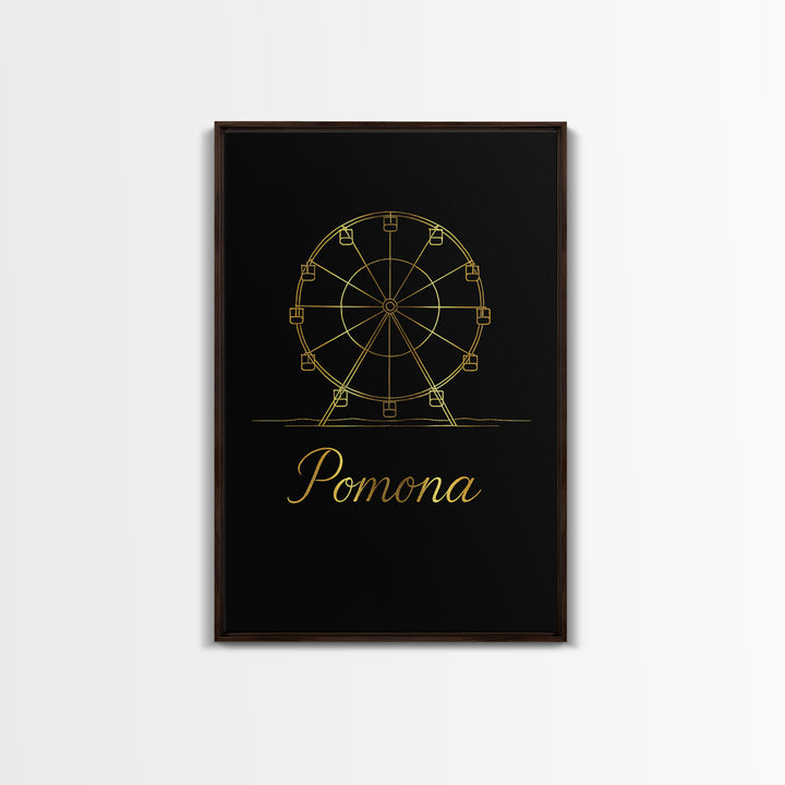 Pomona California Travel Poster, Framed Canvas Print, Black Gold Minimalist Art, Pomona Travel Art, Modern Wall Decor, Mid Century Wall Art