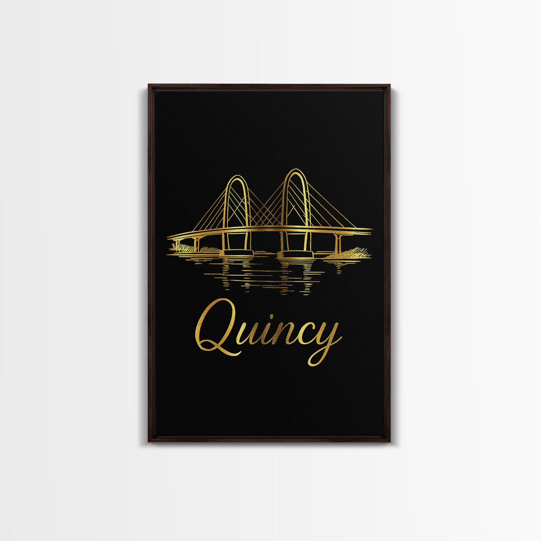 Quincy Massachusetts Travel Poster, Canvas Print, Gold Outline Poster Art, Quincy Wall Art, Wall Decor, Travel Poster Art, Home Decor