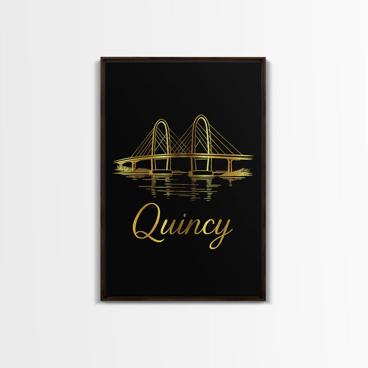 Quincy Massachusetts Travel Poster, Canvas Print, Gold Outline Poster Art, Quincy Wall Art, Wall Decor, Travel Poster Art, Home Decor