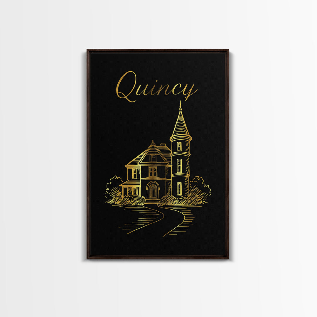 Quincy Travel Poster, Canvas Print, Minimalist Gold Line Art, Quincy City Art, Gift For Travelers, Eclectic Wall Decor, Travel Wall Art