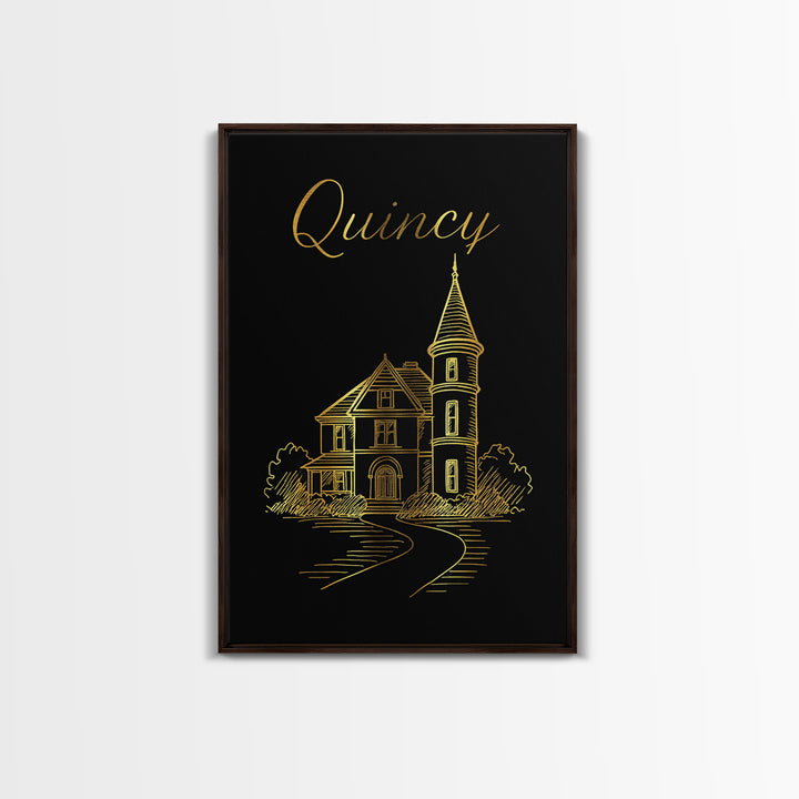 Quincy Travel Poster, Canvas Print, Minimalist Gold Line Art, Quincy City Art, Gift For Travelers, Eclectic Wall Decor, Travel Wall Art