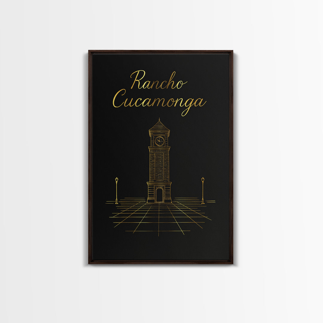 Rancho Cucamonga Travel Poster, Framed Canvas Print, Gold Outline Poster Art, Rancho Cucamonga Poster Print, Watercolor Downtown Skyline