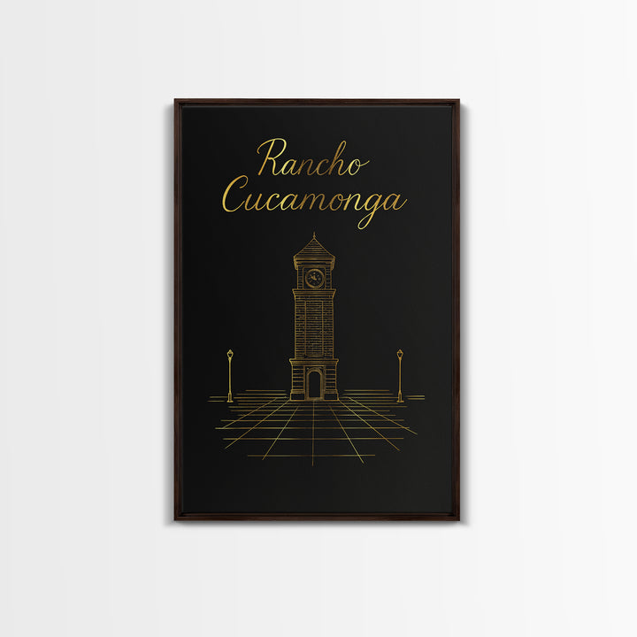 Rancho Cucamonga Travel Poster, Framed Canvas Print, Gold Outline Poster Art, Rancho Cucamonga Poster Print, Watercolor Downtown Skyline