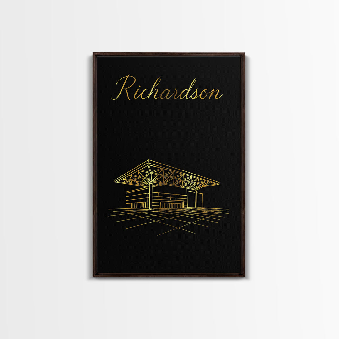 Richardson Texas Travel Poster, Framed Canvas Print, Gold Outline Poster Art, Richardson Art Print, City Illustration, Fine Art Print