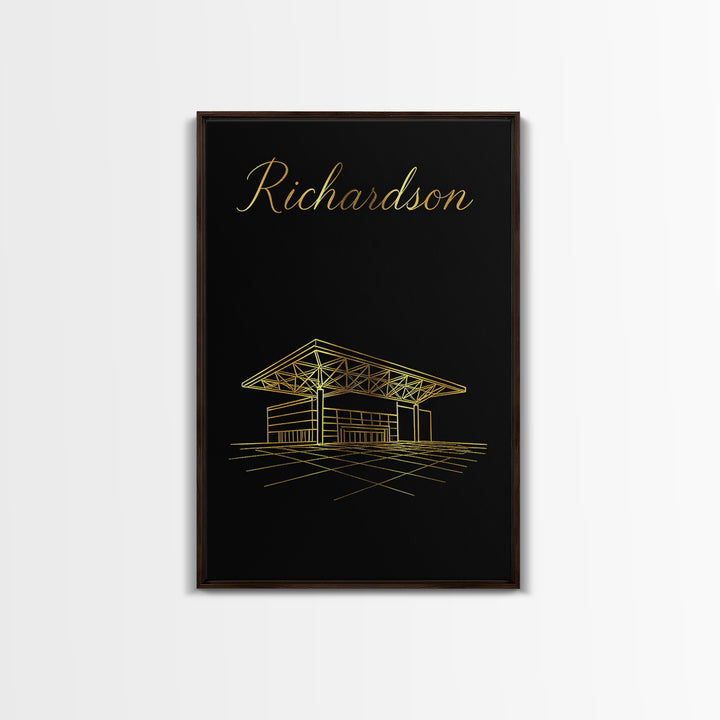 Richardson Texas Travel Poster, Framed Canvas Print, Gold Outline Poster Art, Richardson Art Print, City Illustration, Fine Art Print