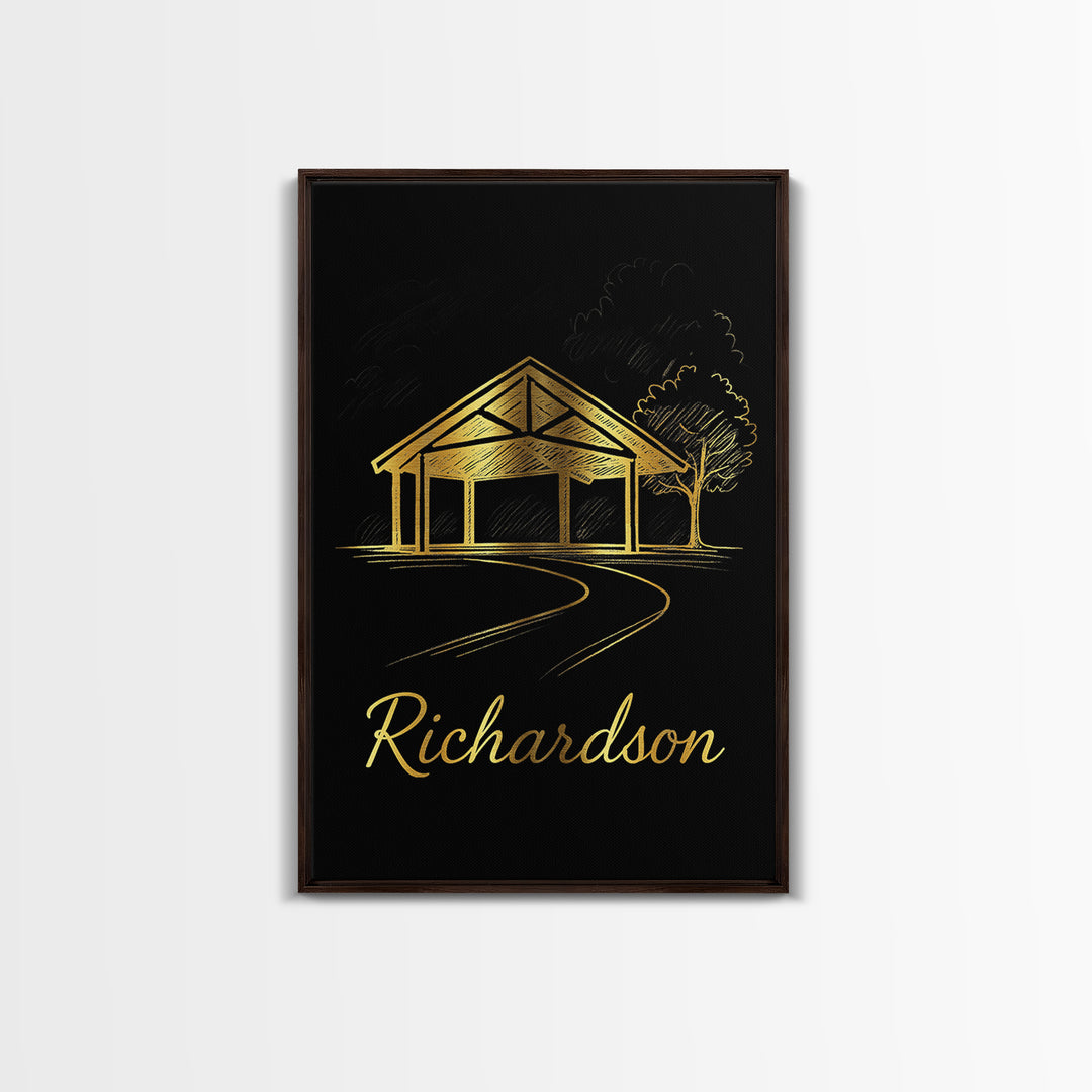 Richardson Travel Poster, Framed Canvas Print, Black Gold Minimalist Art, Richardson Art Print, City Illustration, Gift For Travelers