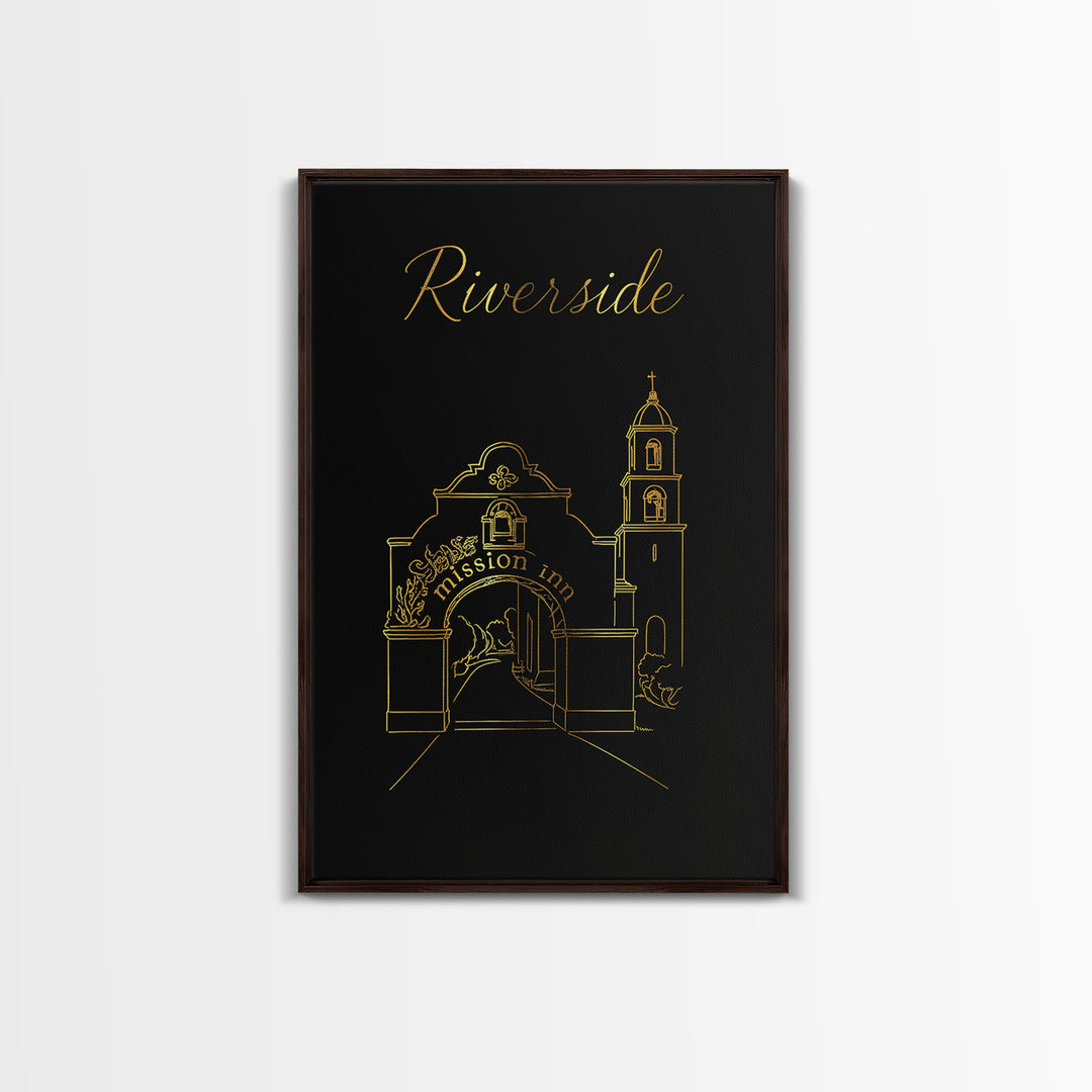 Riverside Travel Poster, Framed Canvas Print, Black Gold Minimalist Art, Riverside City Art, Eclectic Wall Decor, Travel Wall Art
