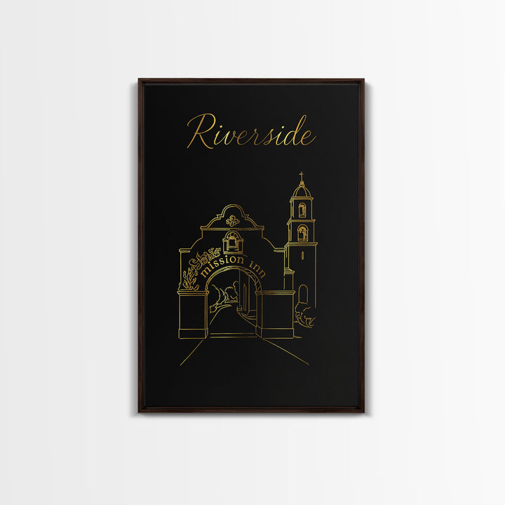 Riverside Travel Poster, Framed Canvas Print, Black Gold Minimalist Art, Riverside City Art, Eclectic Wall Decor, Travel Wall Art