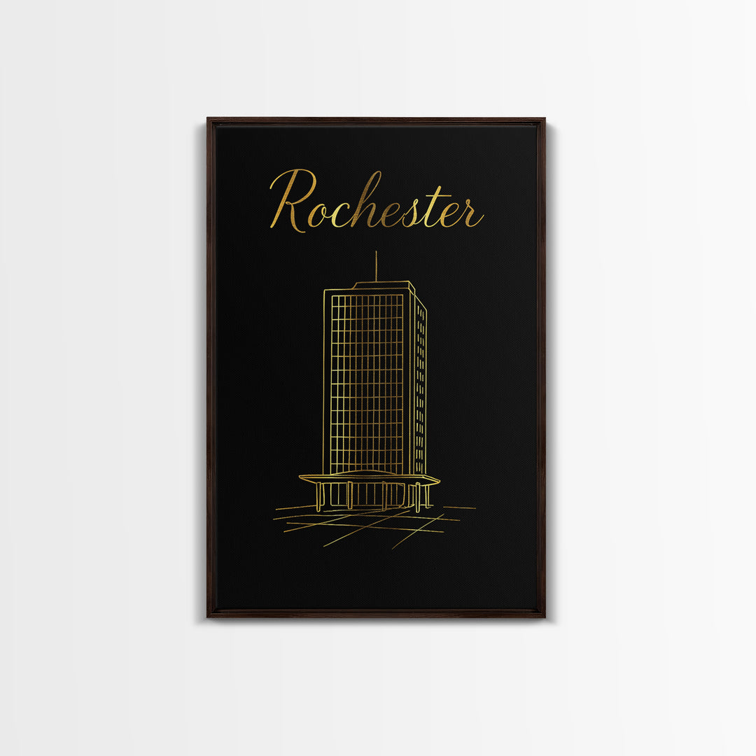 Rochester Travel Poster, Framed Canvas Print, Gold Outline Poster Art, Rochester Art Print, Retro Travel Print, Travel Wall Decor