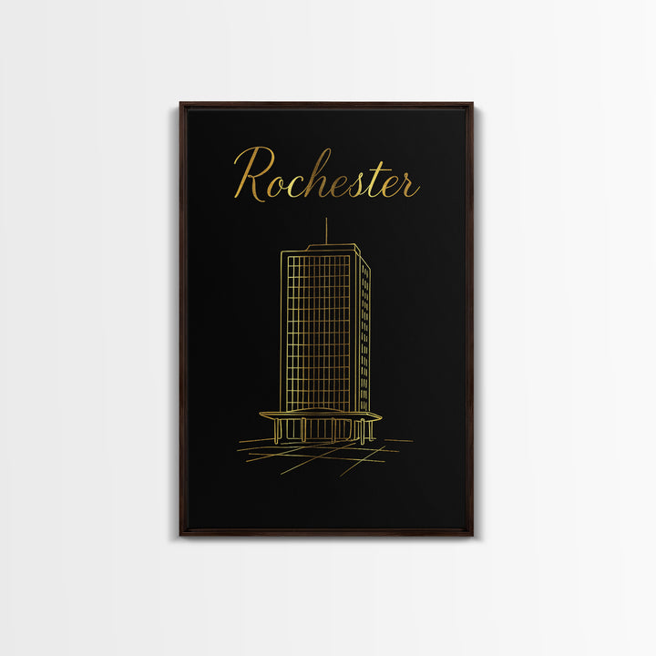 Rochester Travel Poster, Framed Canvas Print, Gold Outline Poster Art, Rochester Art Print, Retro Travel Print, Travel Wall Decor