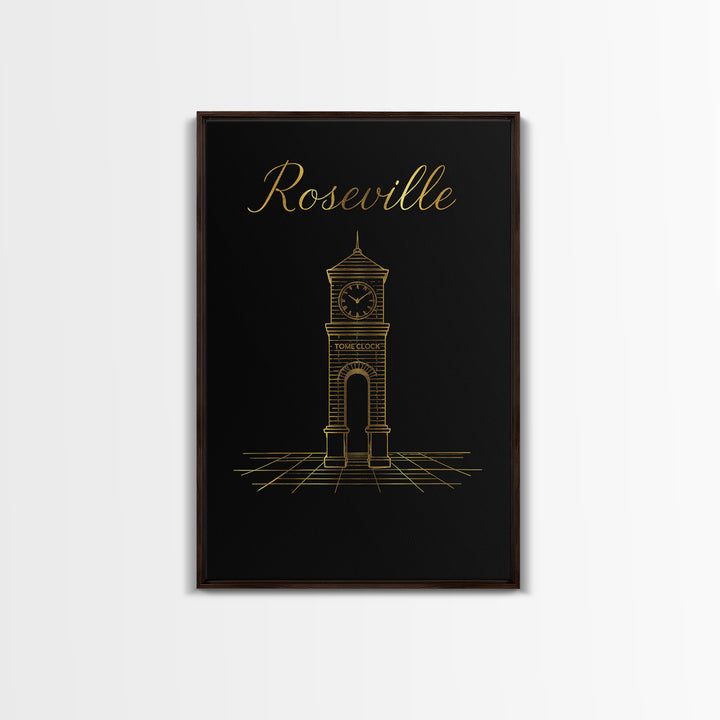 Roseville California Travel Poster, Framed Canvas Print, Gold Outline Poster Art, Roseville City Art, Travel Poster Set, Home Office Decor