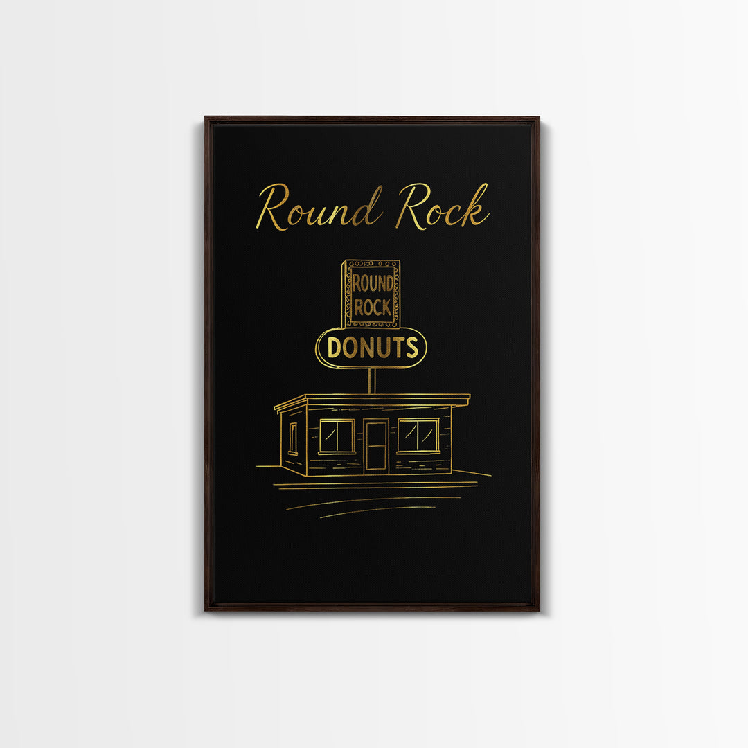 Round Rock Texas Travel Poster, Framed Canvas Print, Gold Outline Poster Art, Round Rock Travel Art, Gift For Travelers, Vintage Travel Art