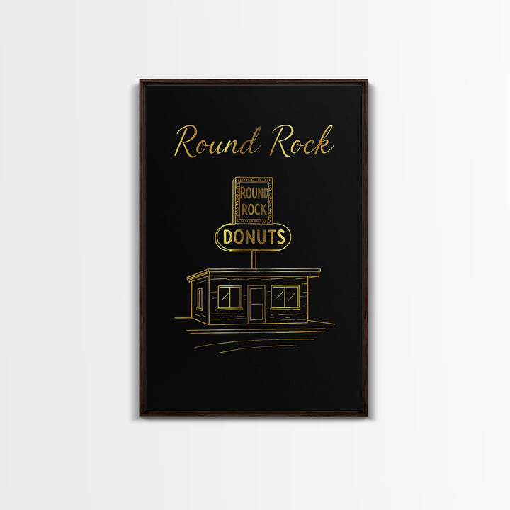Round Rock Texas Travel Poster, Framed Canvas Print, Gold Outline Poster Art, Round Rock Travel Art, Gift For Travelers, Vintage Travel Art
