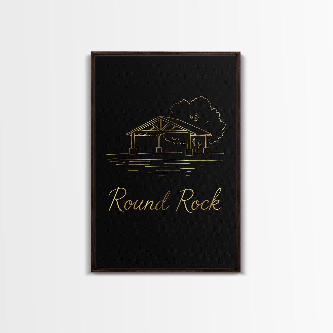 Round Rock Travel Poster, Framed Canvas Print, Gold Outline Poster Art, Round Rock Art Print, Retro Travel Print, Mid Century Wall Art