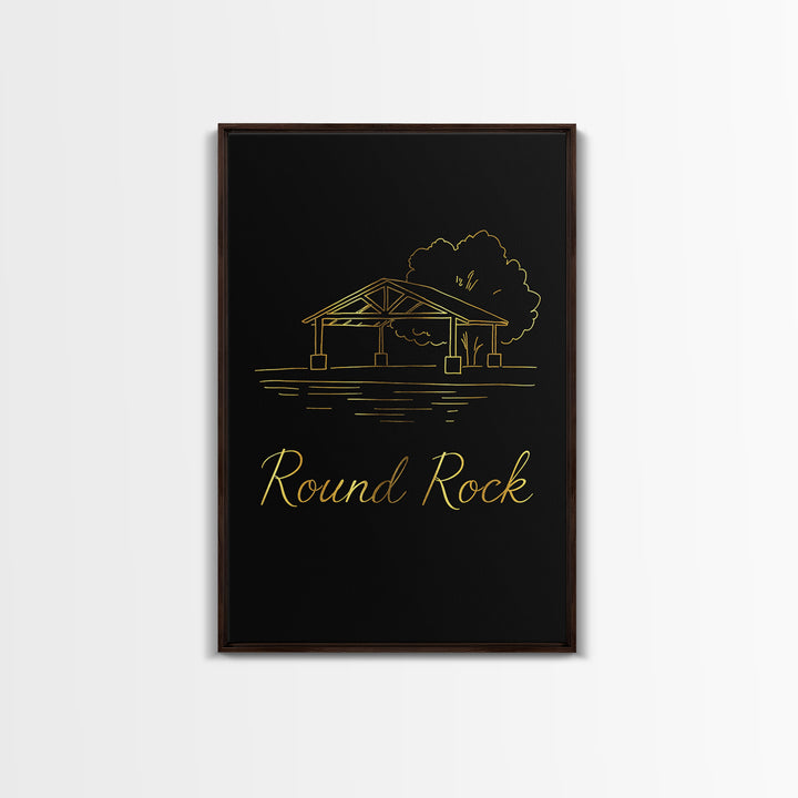 Round Rock Travel Poster, Framed Canvas Print, Gold Outline Poster Art, Round Rock Art Print, Retro Travel Print, Mid Century Wall Art