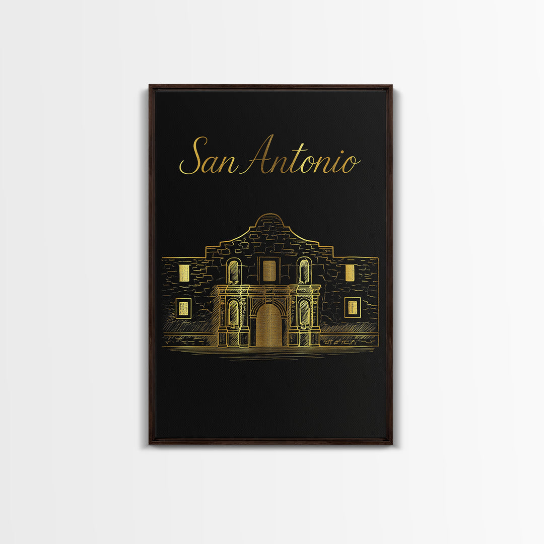 San Antonio Texas Travel Poster, Framed Canvas Print, Black Gold Minimalist Art, San Antonio City Art, City Travel Prints, City Illustration