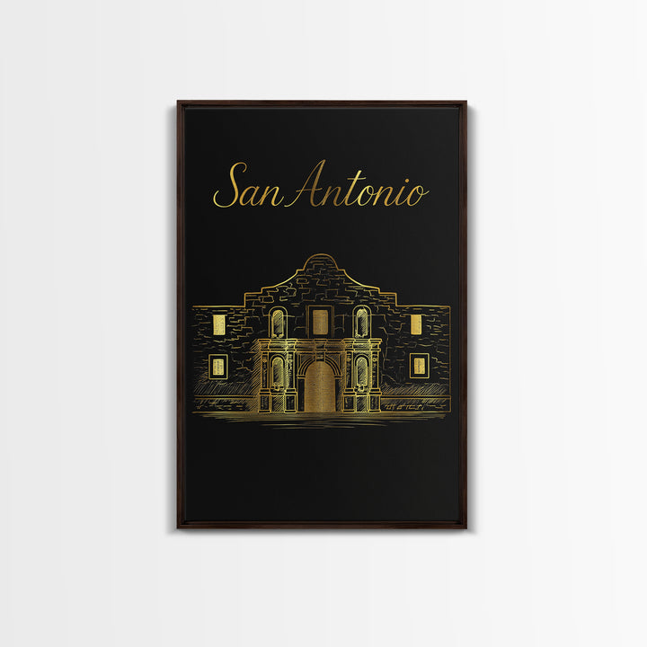 San Antonio Texas Travel Poster, Framed Canvas Print, Black Gold Minimalist Art, San Antonio City Art, City Travel Prints, City Illustration