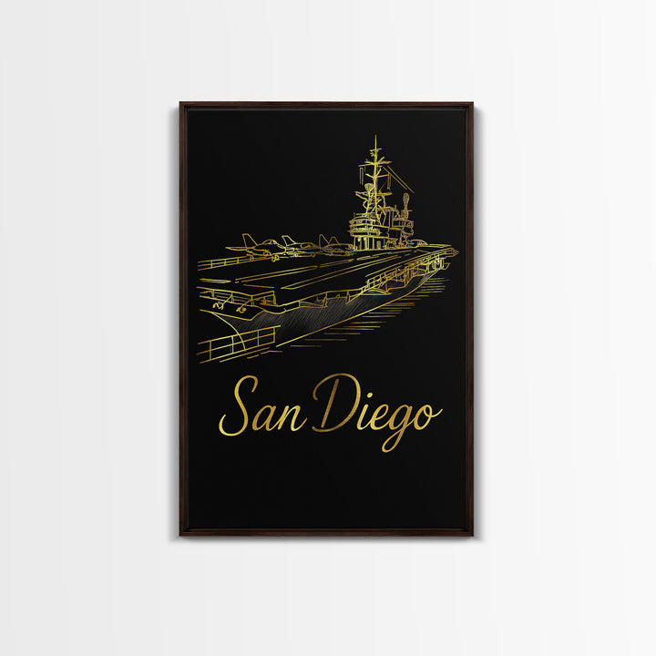 San Diego Travel Poster, Canvas Print, Gold Outline Poster Art, San Diego Travel Art, Travel Poster Art, Travel Wall Art, Home Office Decor