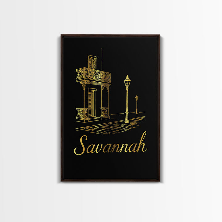 Savannah Travel Poster, Framed Canvas Print, Minimalist Gold Line Art, Savannah Travel Art, Mid Century Wall Art, Living Room Wall Art