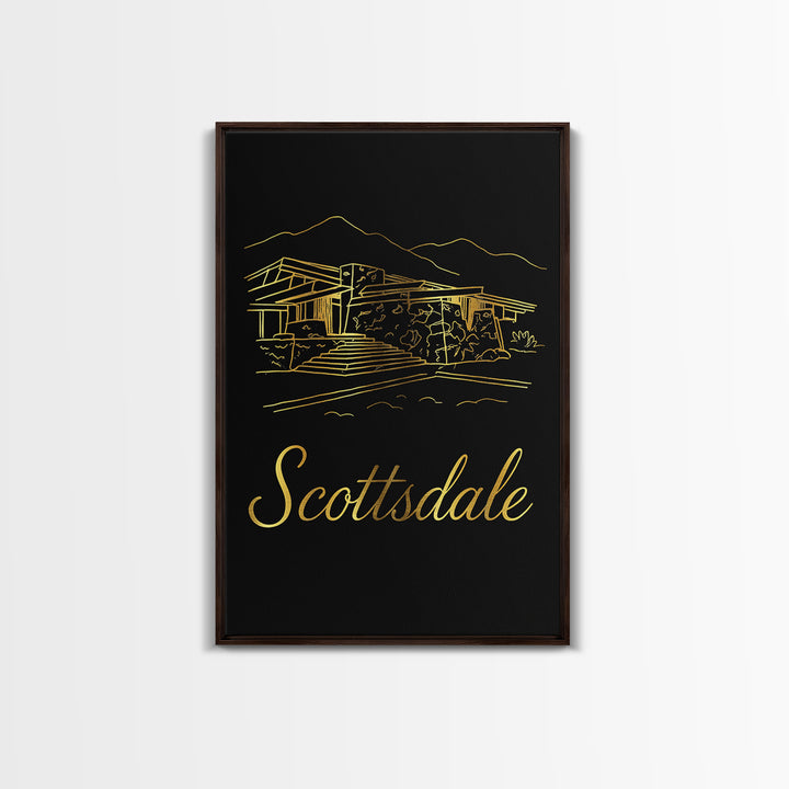 Scottsdale Arizona Travel Poster, Canvas Print, Black Gold Minimalist Art, Scottsdale Art Print, Mid Century Wall Art, Wanderlust Decor