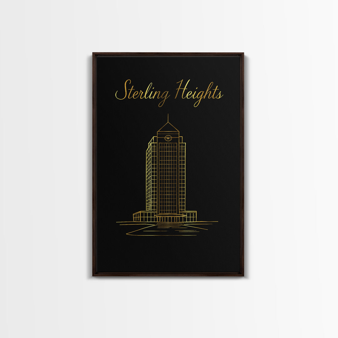 Sterling Heights Michigan Travel Poster, Canvas Print, Gold Outline Poster Art, Sterling Heights Art Print, Travel Wall Art