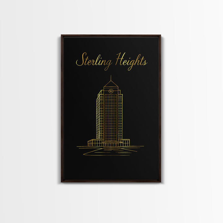 Sterling Heights Michigan Travel Poster, Canvas Print, Gold Outline Poster Art, Sterling Heights Art Print, Travel Wall Art