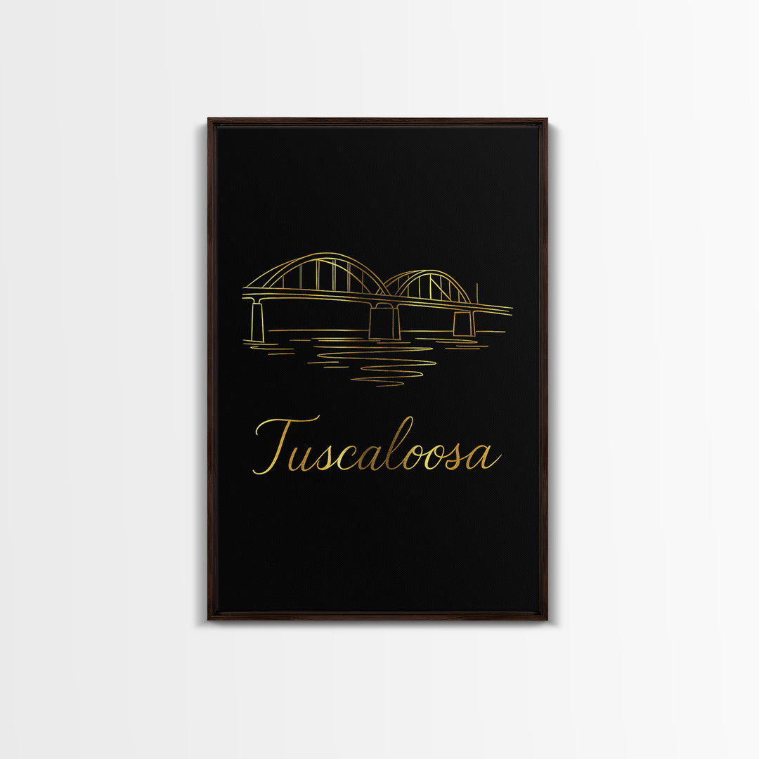 Tuscaloosa Alabama Travel Poster, Framed Canvas Print, Gold Outline Poster Art, Tuscaloosa Travel Art, City Art Print, Travel Wall Art
