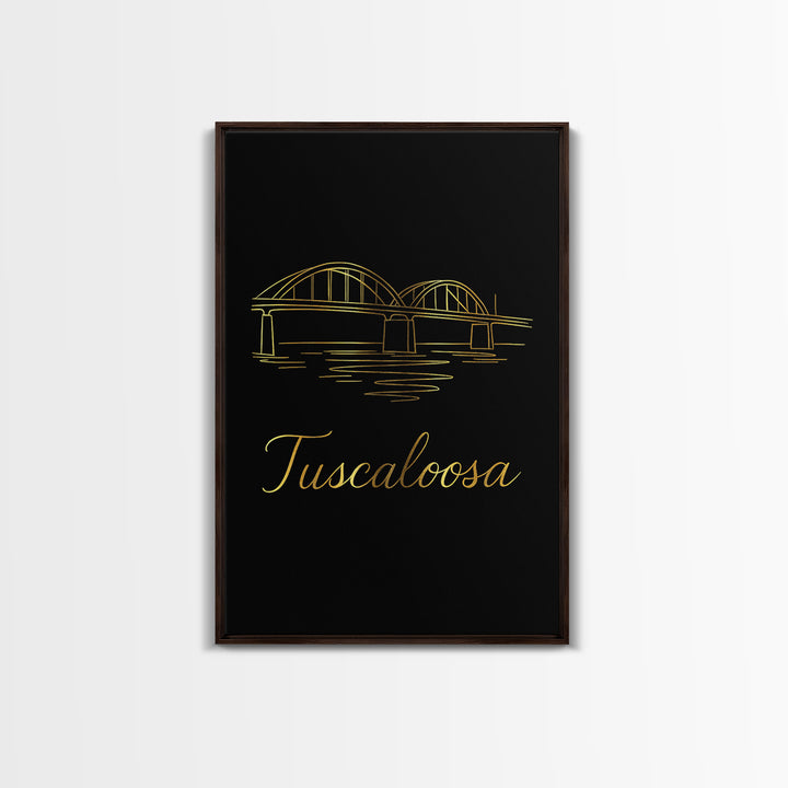 Tuscaloosa Alabama Travel Poster, Framed Canvas Print, Gold Outline Poster Art, Tuscaloosa Travel Art, City Art Print, Travel Wall Art