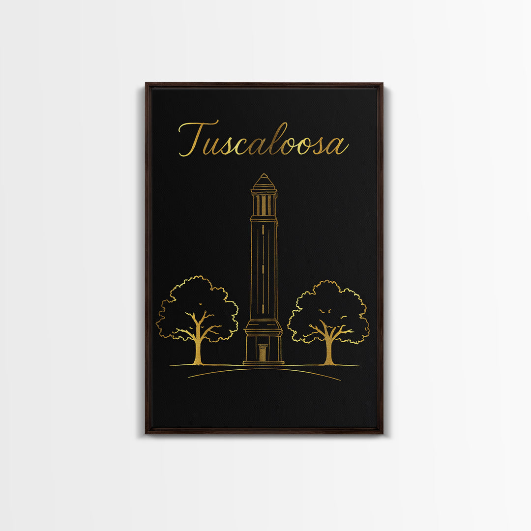 Tuscaloosa Travel Poster, Canvas Print, Black Gold Minimalist Art, Tuscaloosa Art Print, City Travel Prints, Wanderlust Decor, Wall Art