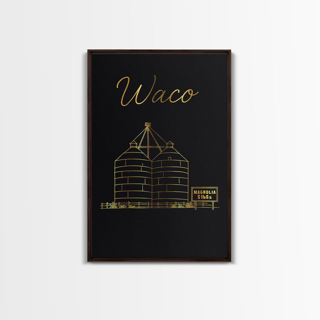 Waco Texas Travel Poster, Canvas Print, Black Gold Minimalist Art, Waco City Art, Wanderlust Decor, Home Office Decor, Retro Travel Print