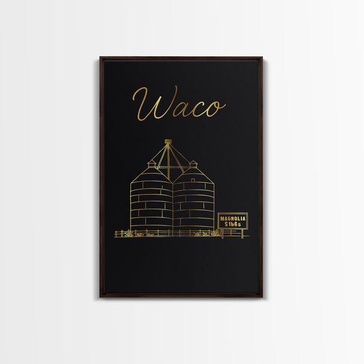 Waco Texas Travel Poster, Canvas Print, Black Gold Minimalist Art, Waco City Art, Wanderlust Decor, Home Office Decor, Retro Travel Print