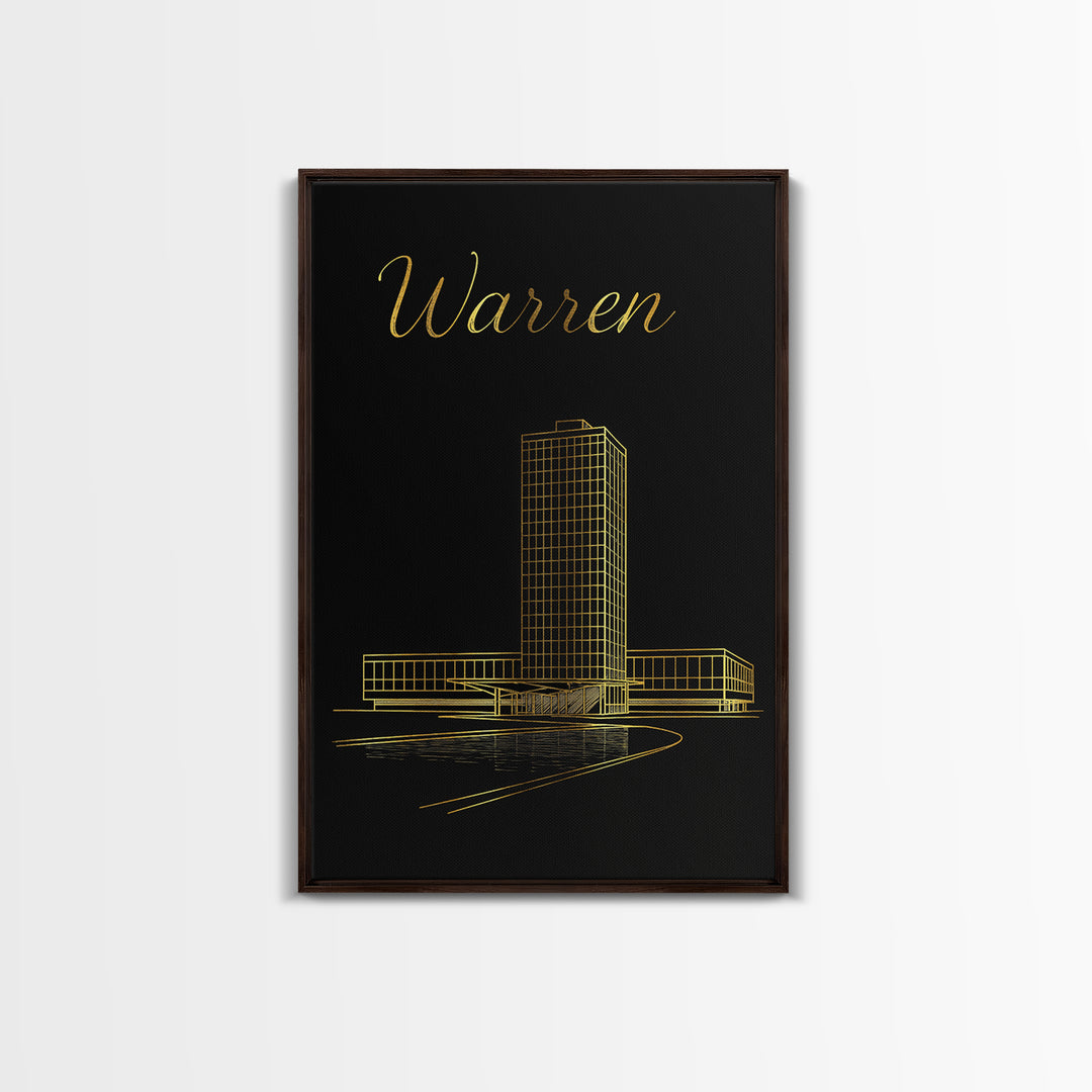 Warren Michigan Travel Poster, Canvas Print, Minimalist Gold Line Art, Warren Poster Print, Wanderlust Decor, Art Print, Gift For Travelers