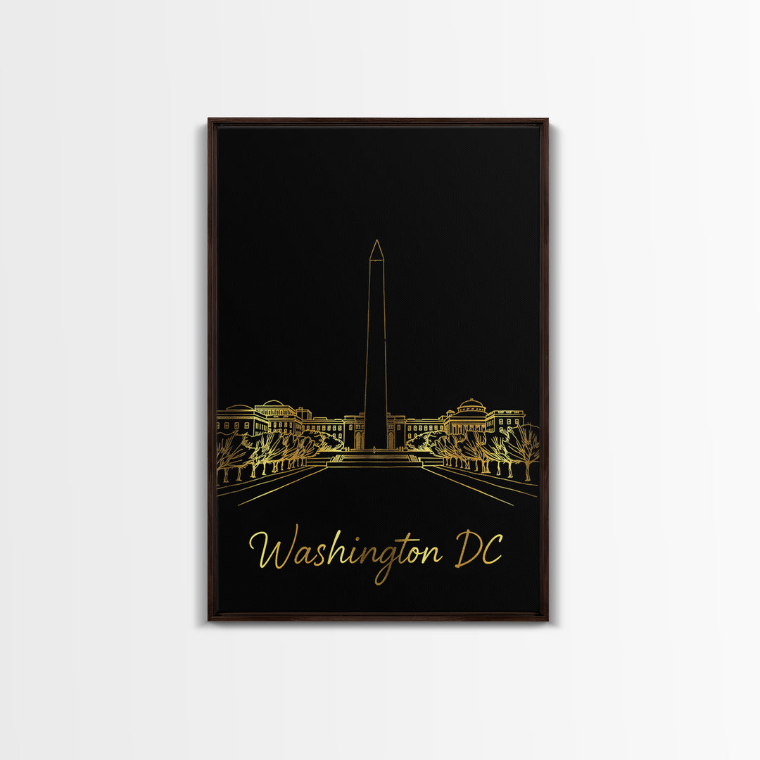 Washington DC Travel Poster, Framed Canvas Print, Minimalist Gold Line Art, Washington DC Wall Art, Travel Art Print, Mid Century Wall Art