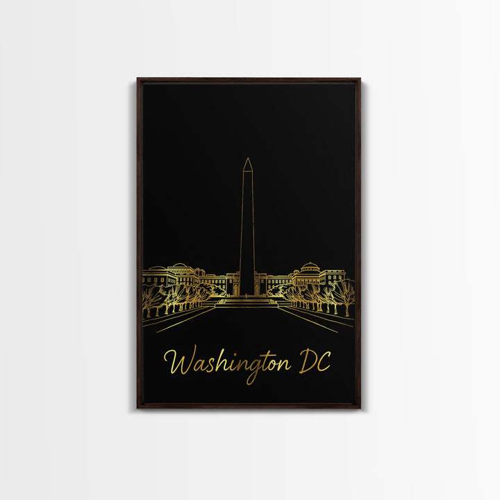 Washington DC Travel Poster, Framed Canvas Print, Minimalist Gold Line Art, Washington DC Wall Art, Travel Art Print, Mid Century Wall Art
