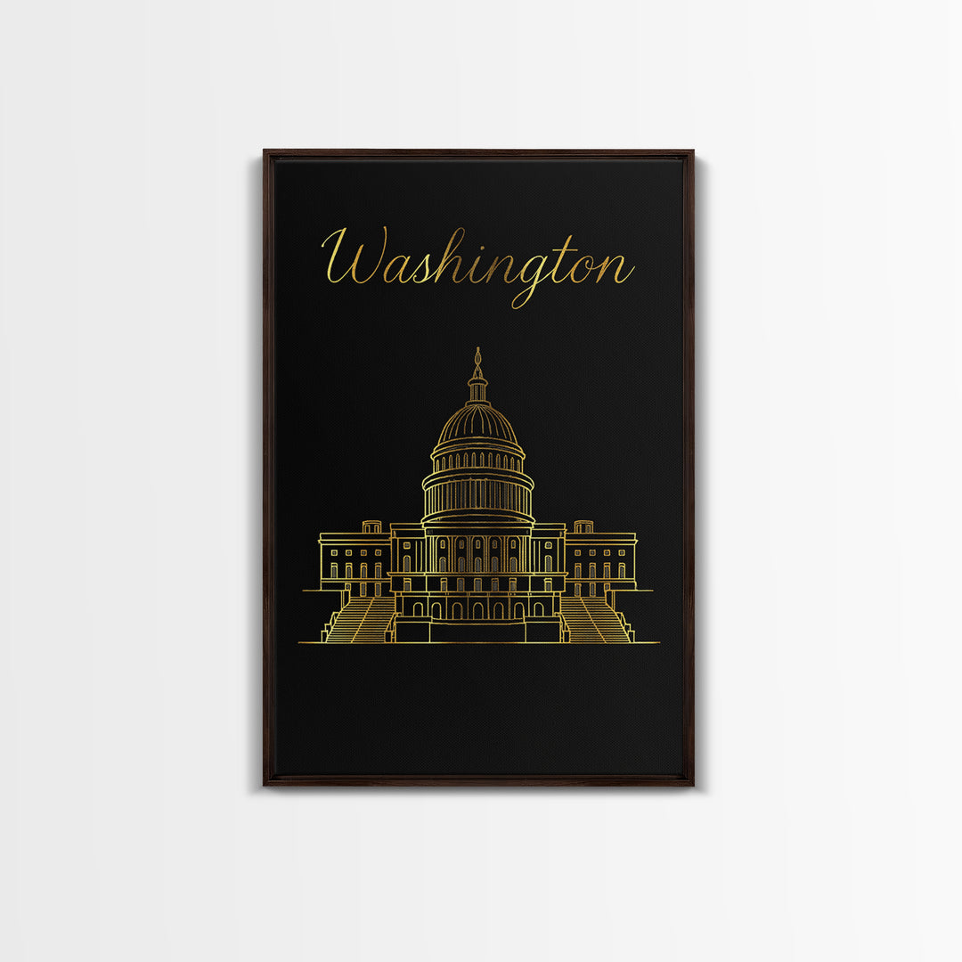 Washington DC Travel Poster, Framed Canvas Print, Minimalist Gold Line Art, Washington DC City Art, City Travel Prints, Home Office Decor
