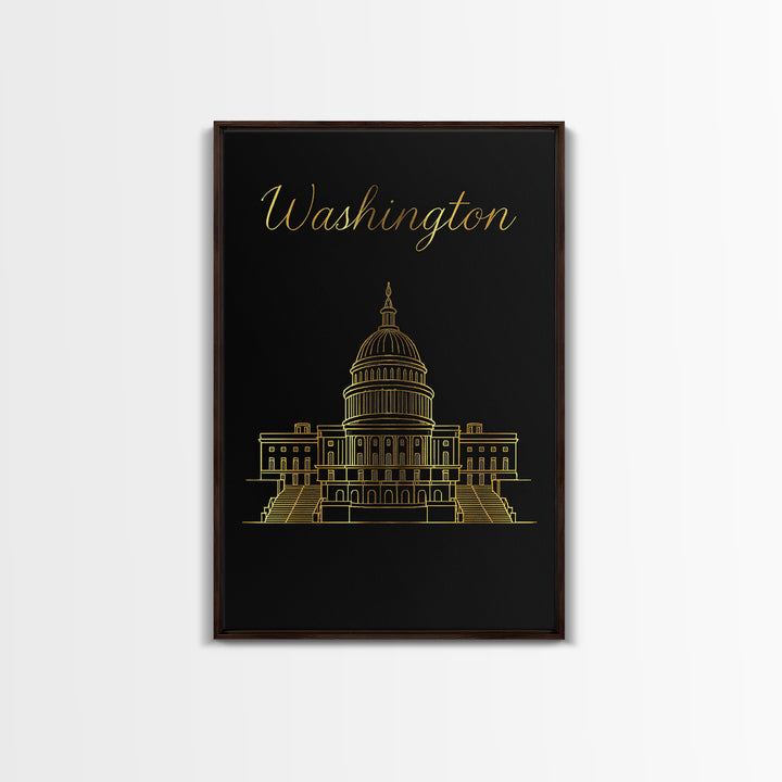 Washington DC Travel Poster, Framed Canvas Print, Minimalist Gold Line Art, Washington DC City Art, City Travel Prints, Home Office Decor