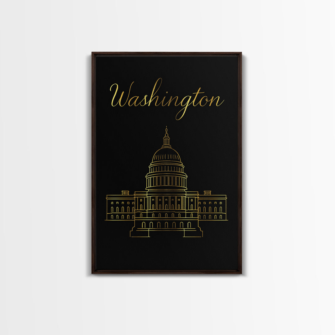 Washington DC Travel Poster, Framed Canvas Print, Black Gold Minimalist Art, Washington DC Wall Art, Gift For Travelers, Retro Travel Print