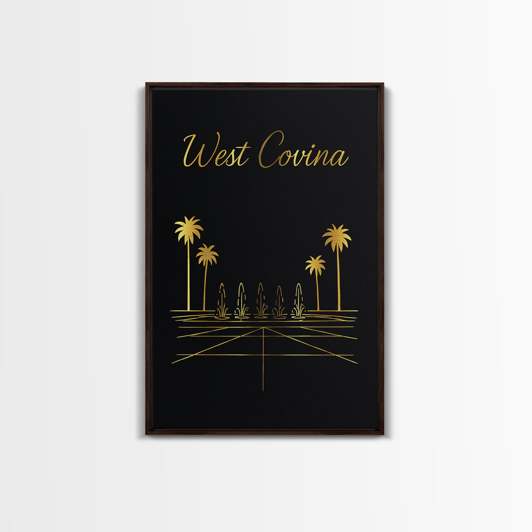 West Covina Travel Poster, Framed Canvas Print, Gold Outline Poster Art, West Covina Wall Art, Watercolor Skyline Art, City Travel Prints