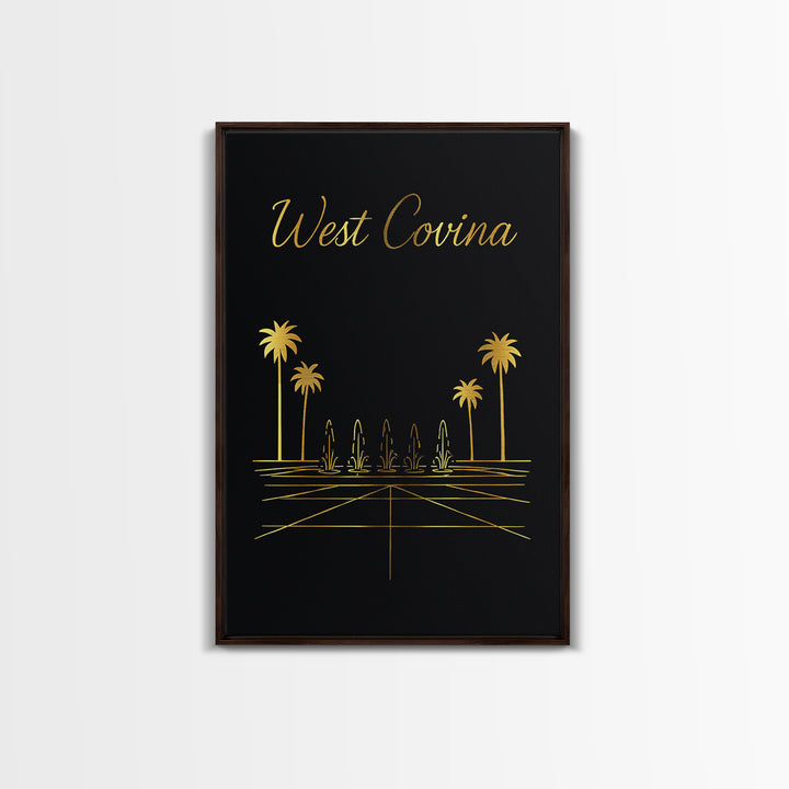 West Covina Travel Poster, Framed Canvas Print, Gold Outline Poster Art, West Covina Wall Art, Watercolor Skyline Art, City Travel Prints