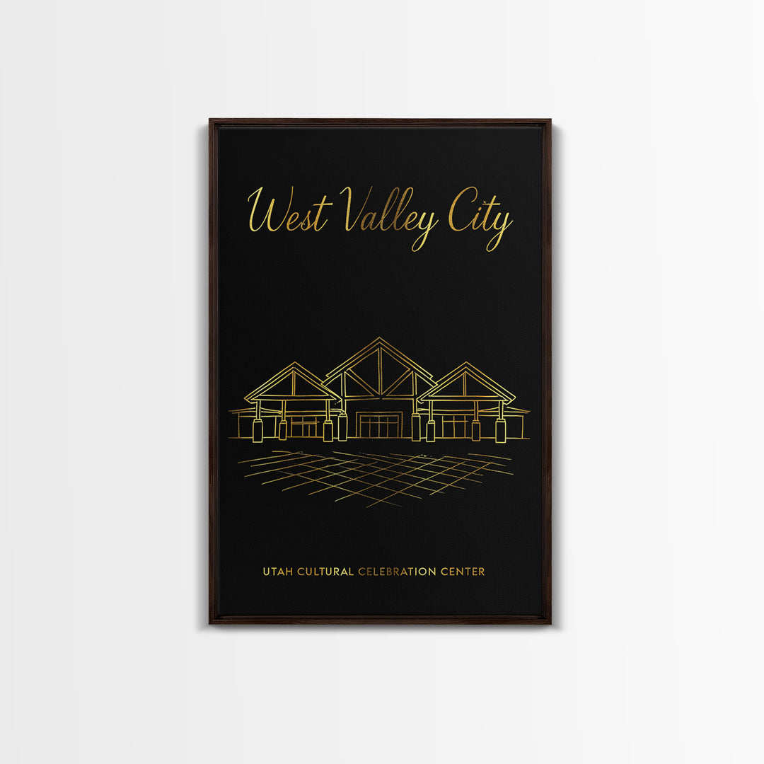 West Valley City Utah Travel Poster, Framed Canvas Print, Minimalist Gold Line Art, West Valley City Poster Print, City Illustration