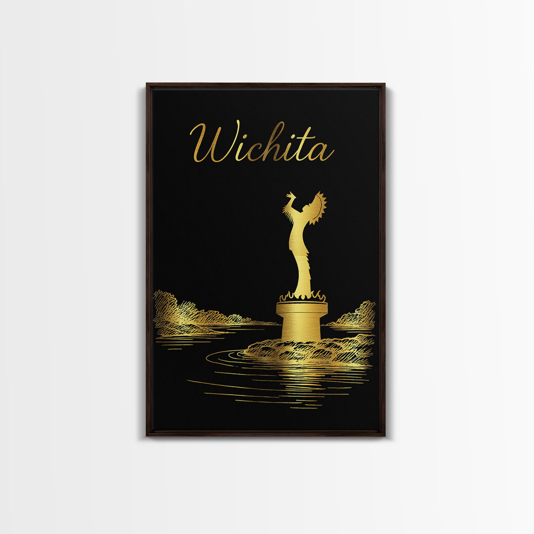 Wichita Kansas Travel Poster, Framed Canvas Print, Black Gold Minimalist Art, Wichita Poster Print, Travel Poster Set, Wanderlust Decor