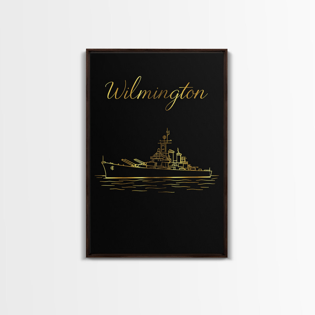 Wilmington Travel Poster, Framed Canvas Print, Black Gold Minimalist Art, Wilmington Travel Art, Living Room Wall Art, Home Office Decor