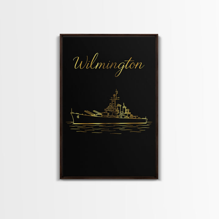 Wilmington Travel Poster, Framed Canvas Print, Black Gold Minimalist Art, Wilmington Travel Art, Living Room Wall Art, Home Office Decor