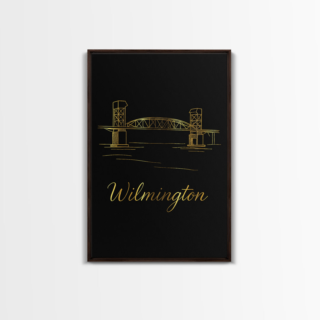 Wilmington Travel Poster, Canvas Print, Gold Outline Poster Art, Wilmington Travel Art, Mid Century Wall Art, Vintage Travel Art