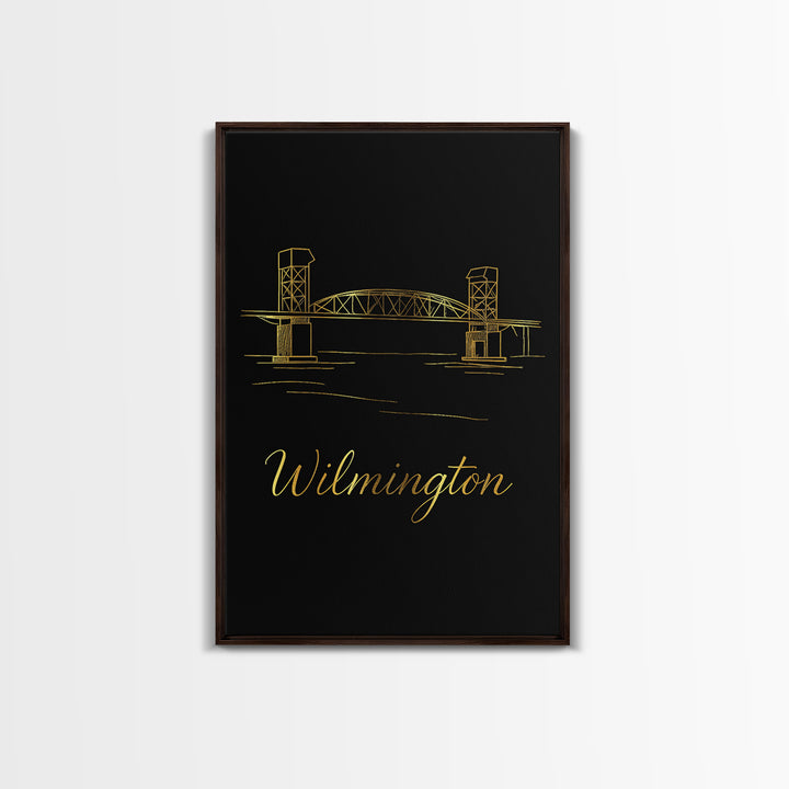 Wilmington Travel Poster, Canvas Print, Gold Outline Poster Art, Wilmington Travel Art, Mid Century Wall Art, Vintage Travel Art