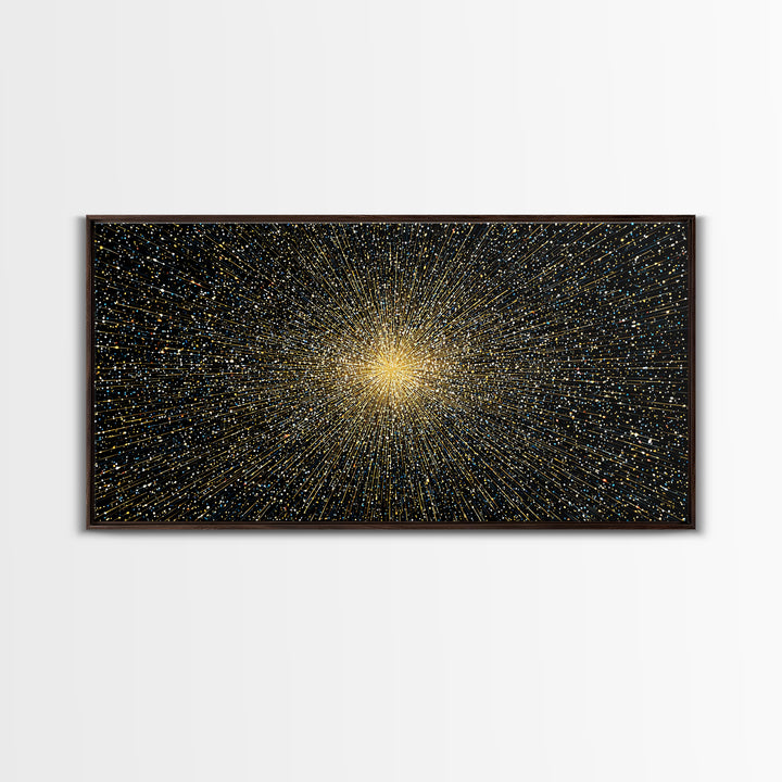 Golden Particle Explosion Wall Art, Radiant Starburst Abstract, Modern Art Print, Black Gold Space Poster, Office Decor Gift